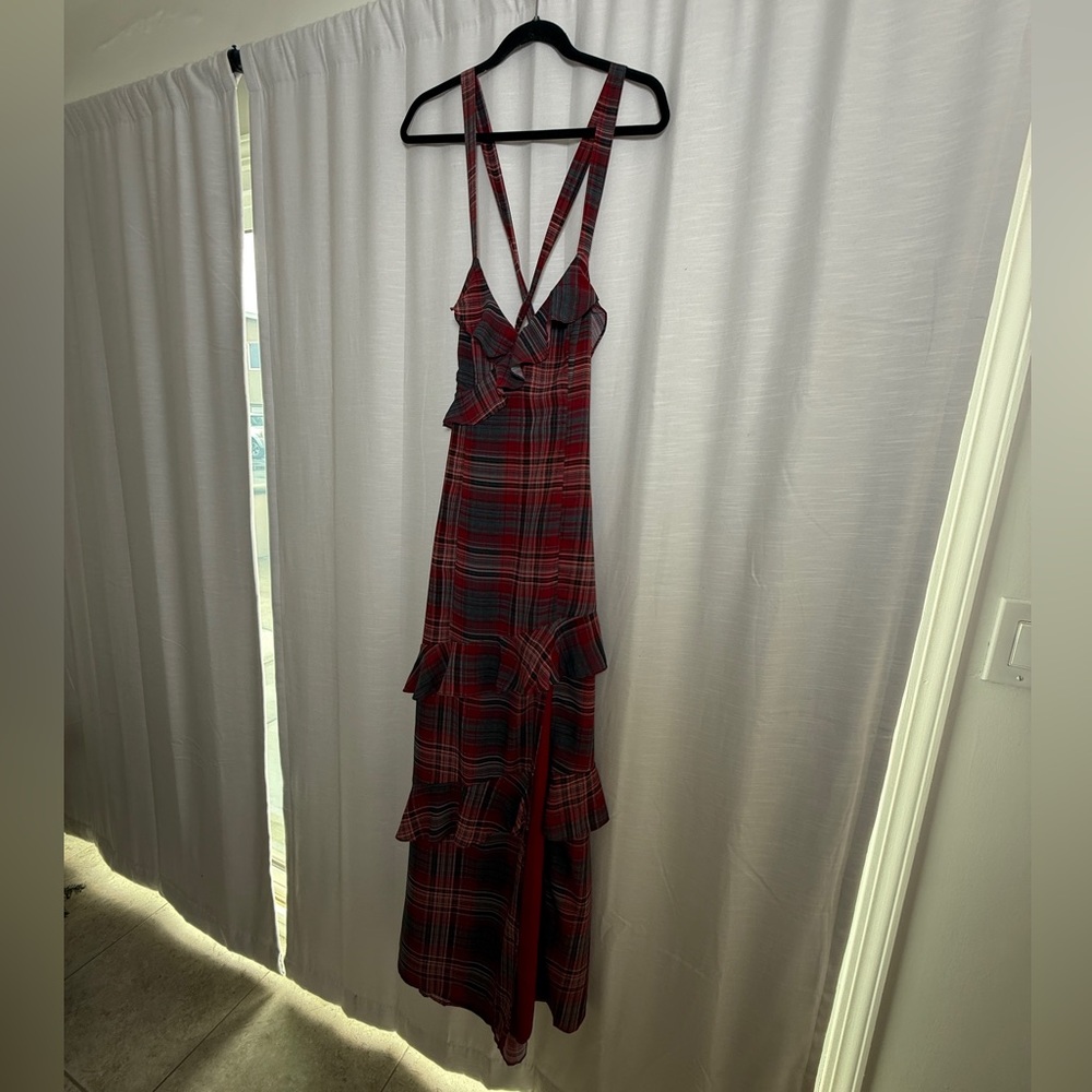 VICI  Reygan Ruffle Plaid Maxi Dress Red Plaid Ruffle Maxi Dress w/ Slit Size M - Picture 11 of 17